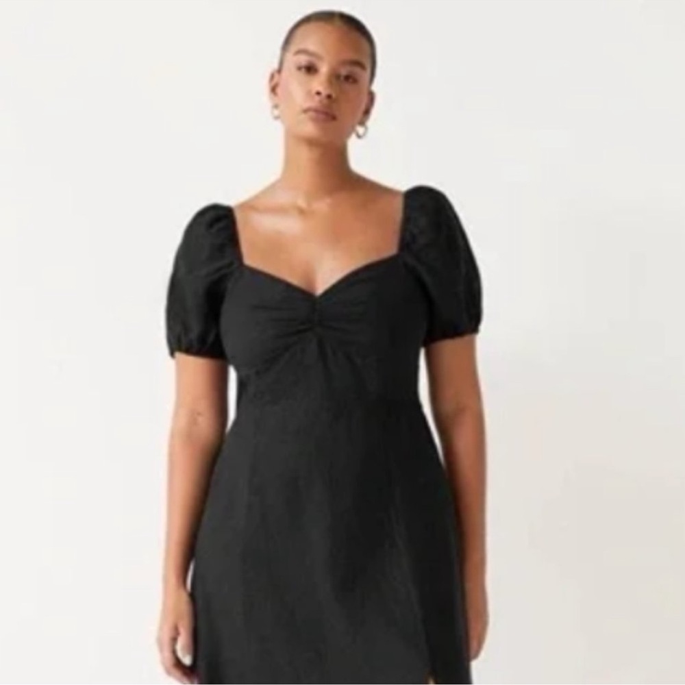 & Other Stories - Black Linen Midi Dress with Slit and Puff Sleeves